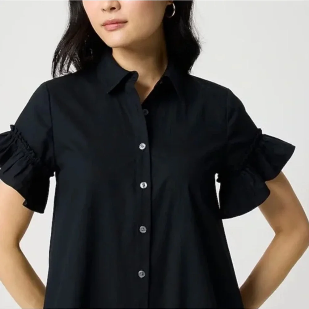 J.Crew Ruffle Sleeve Mini Shirt Dress Cotton Pockets Classic Black US 2 NWT